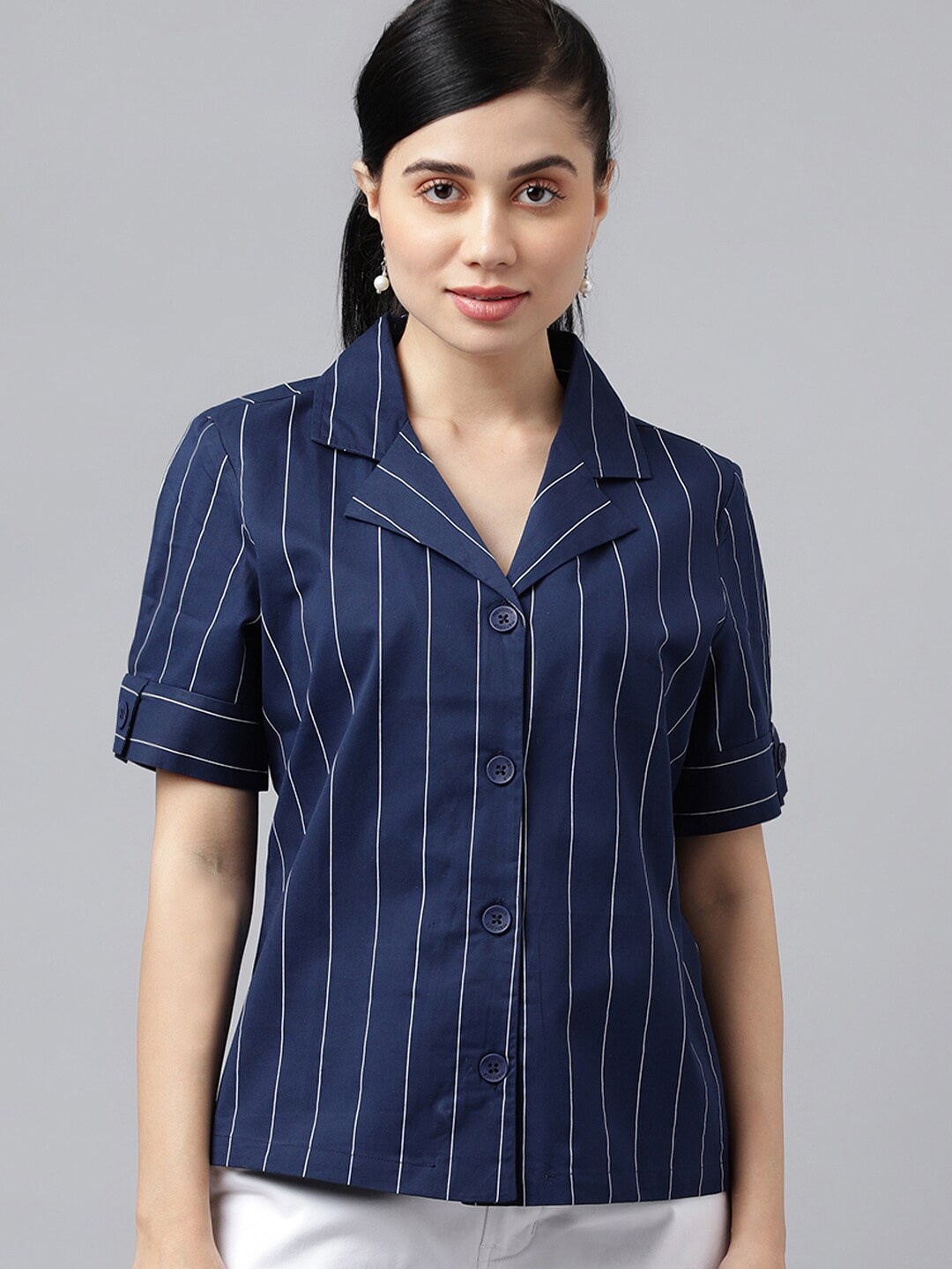 

Hancock Cuban Collar Relaxed Striped Formal Pure Cotton Shirt, Navy blue