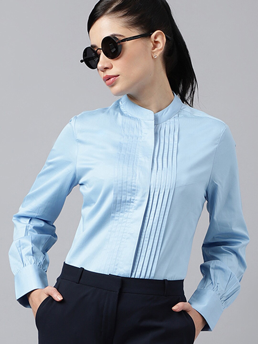 

Hancock Women Solid Regular Fit Pure Cotton Satin Pintucked Formal Shirt, Blue