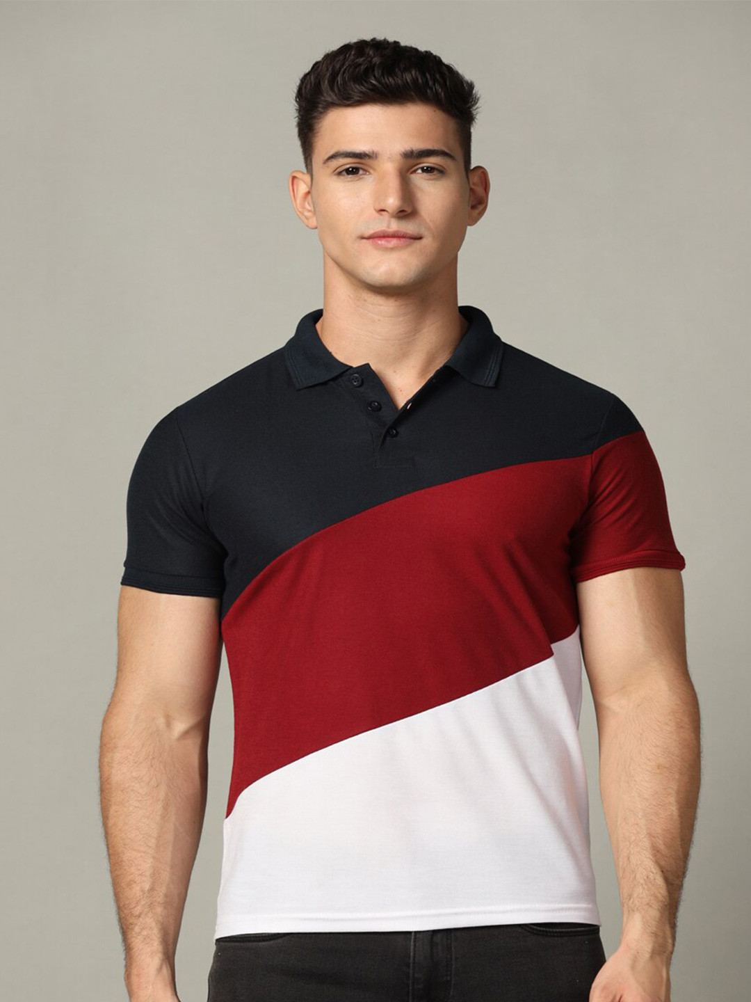 

INKKR Colourblocked Polo Collar Regular Fit Cotton T-shirt, Black