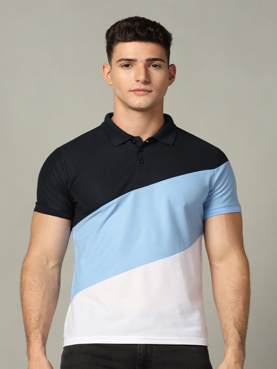 

INKKR Colourblocked Polo Collar Regular Fit Cotton T-shirt, Black