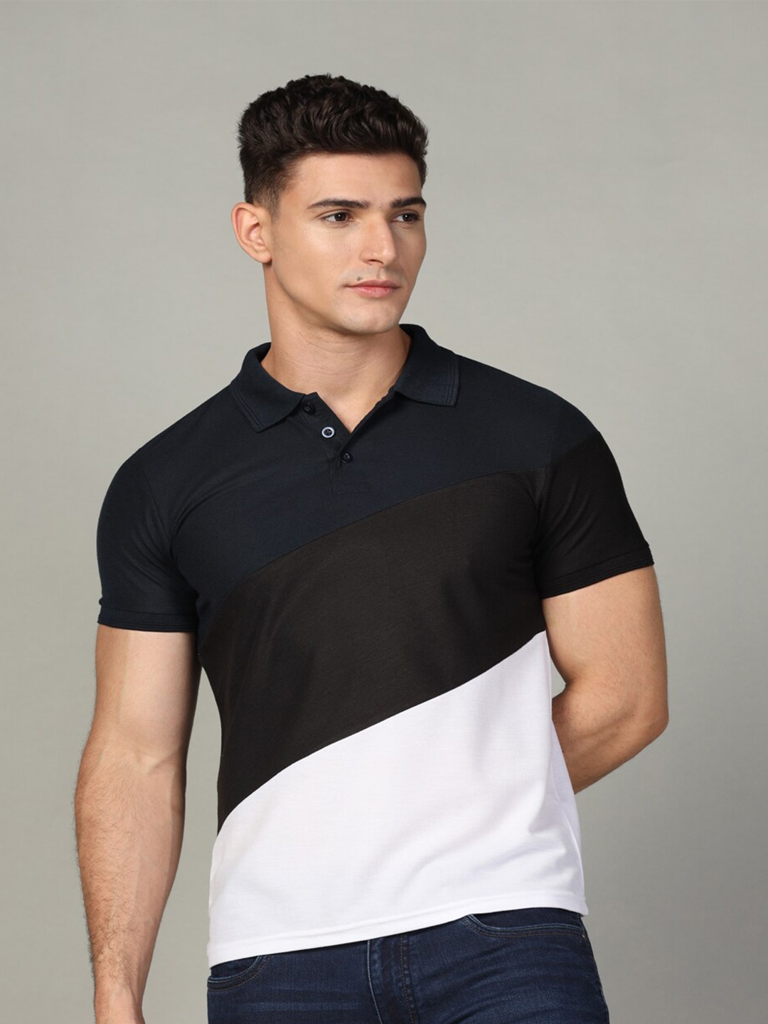 

INKKR Colourblocked Polo Collar Cotton T-shirt, Black