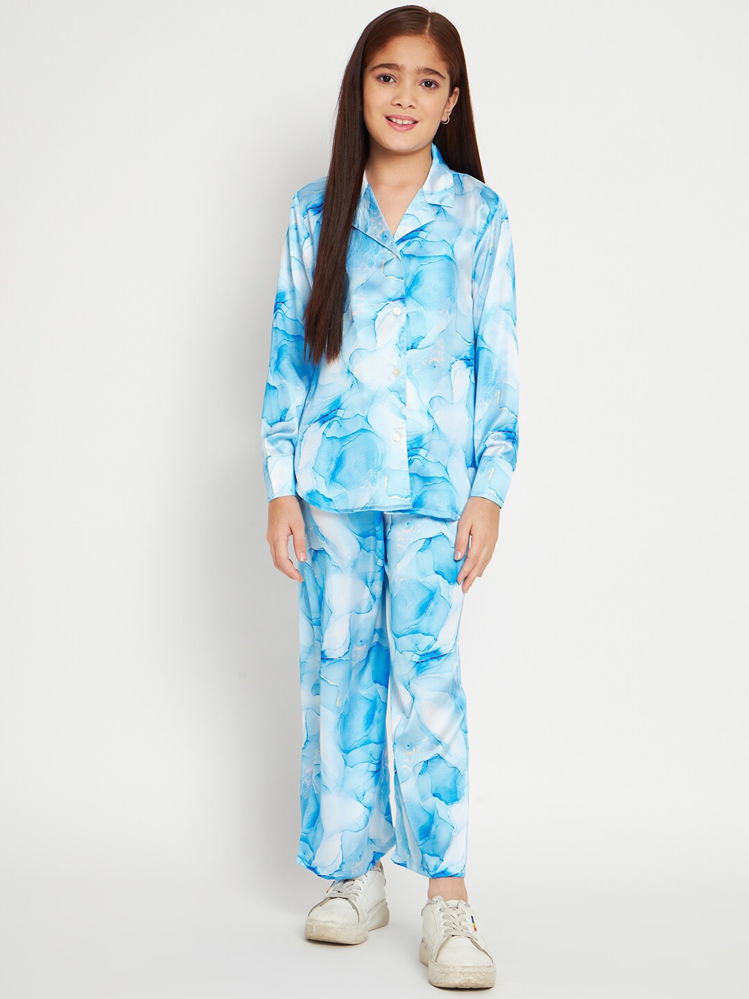 

Readiprint Girls Abstract Satin Printed Shirt With Palazzos, Blue