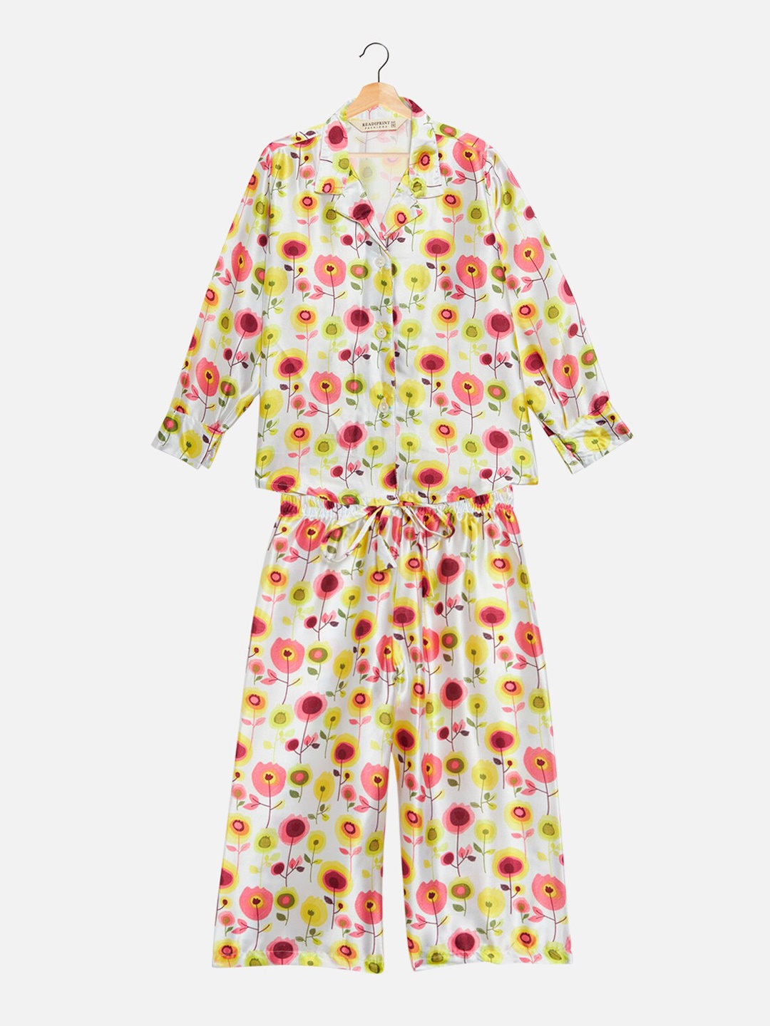 

Readiprint Fashions Girls Floral Printed Satin Shirt With Palazzos, White