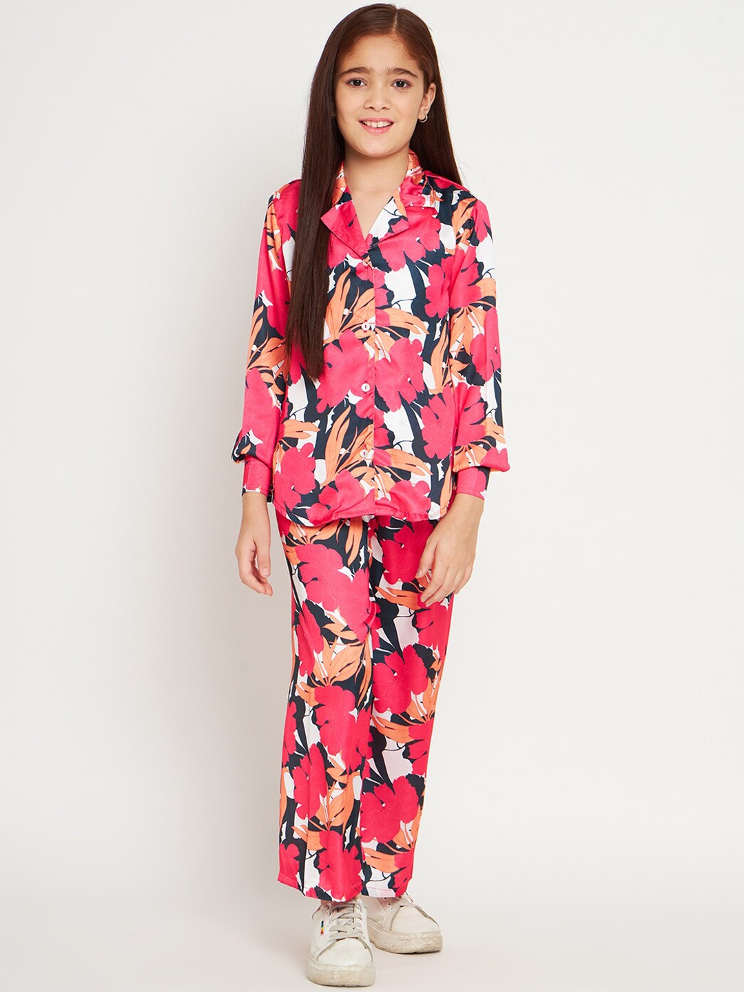 

Readiprint Girls Floral Printed Satin Shirt With Palazzos, Magenta