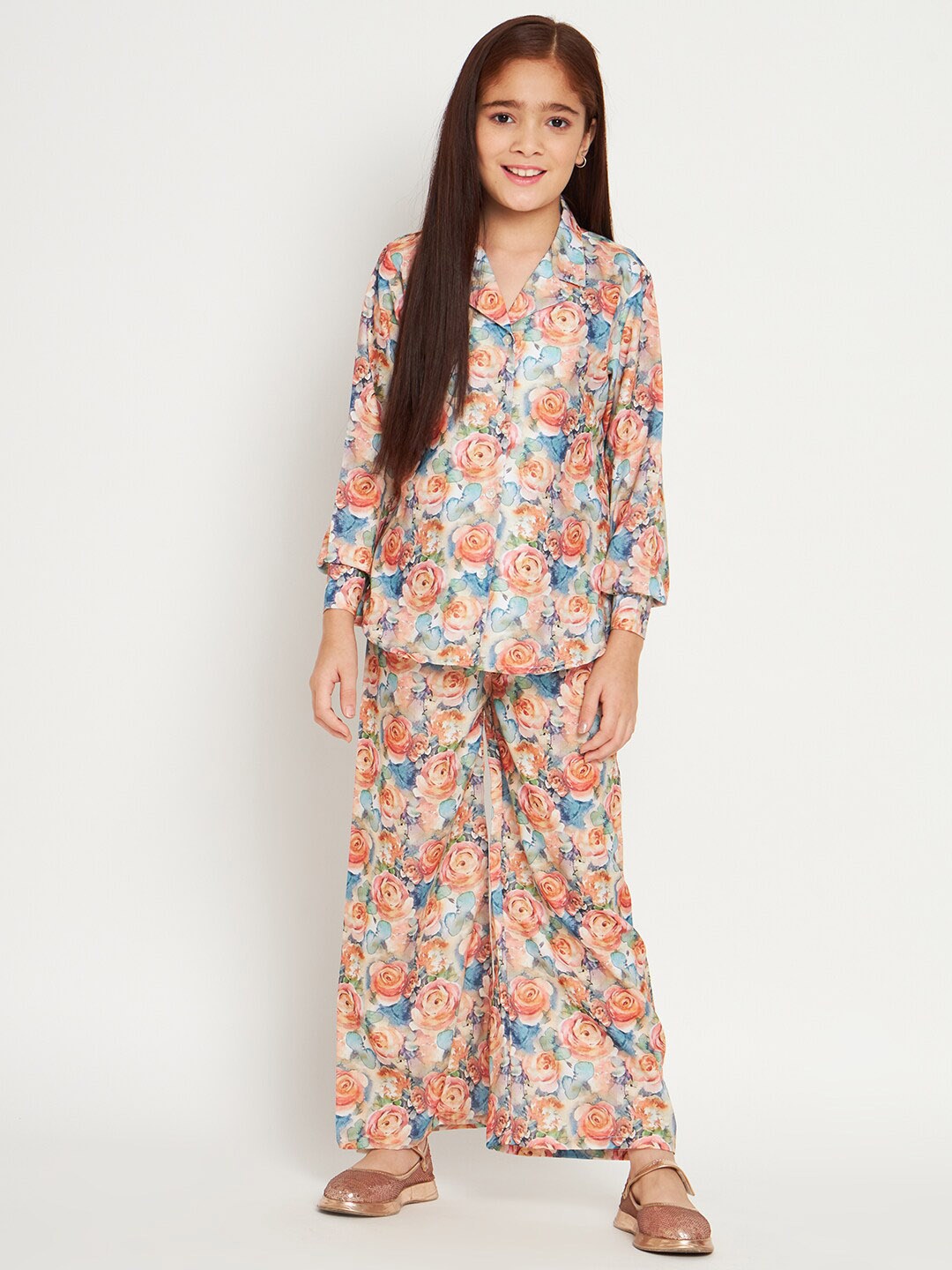 Readiprint Girls Printed Pure Cotton Shirt with Palazzos, Peach