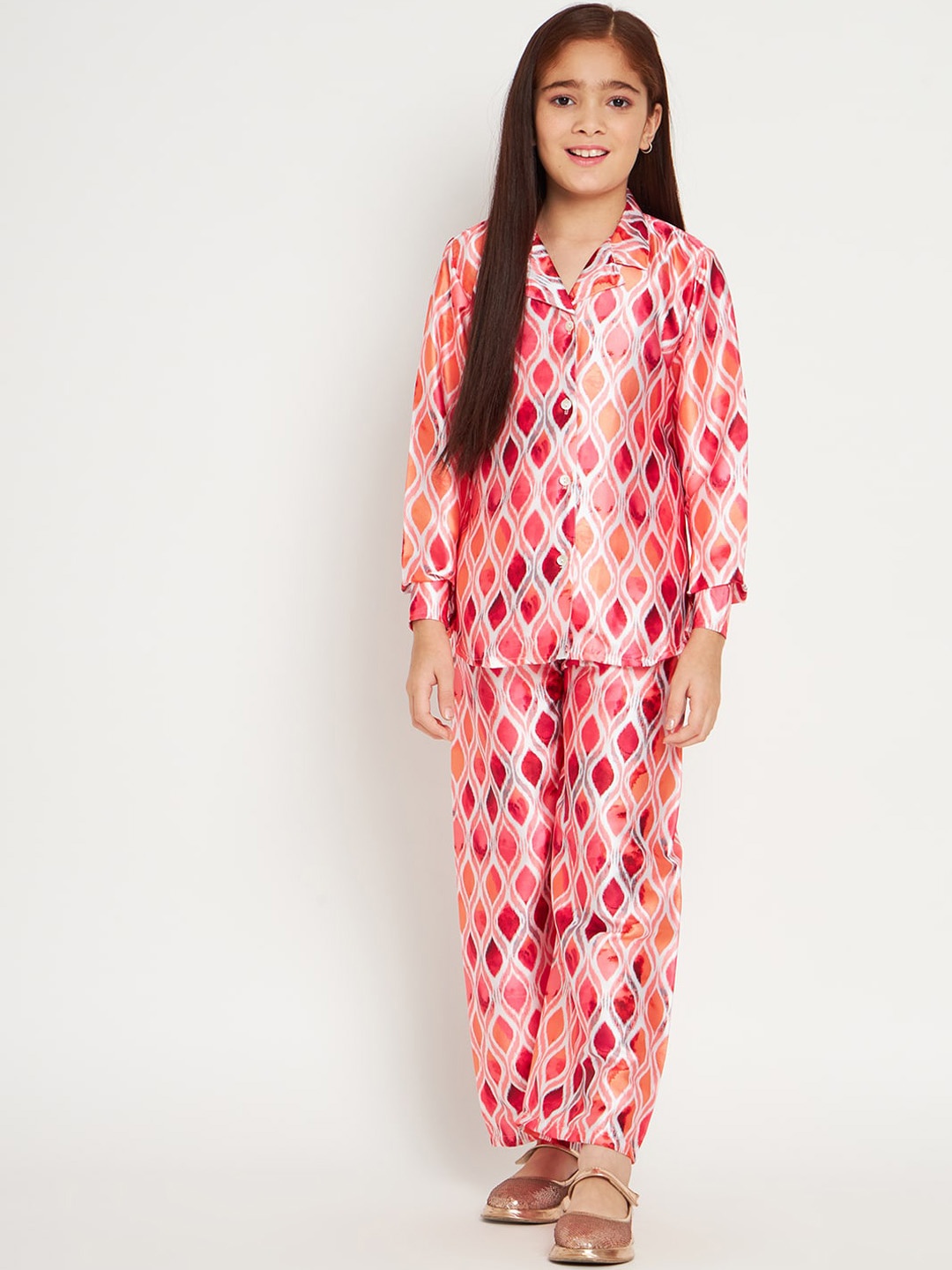 

Readiprint Girls Geometric Printed Satin Shirt with Palazzos, Peach