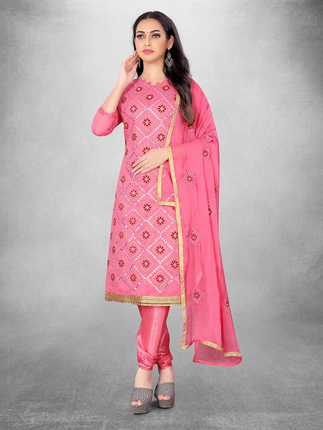 

KALINI Geometric Embroidered Unstitched Dress Material, Pink