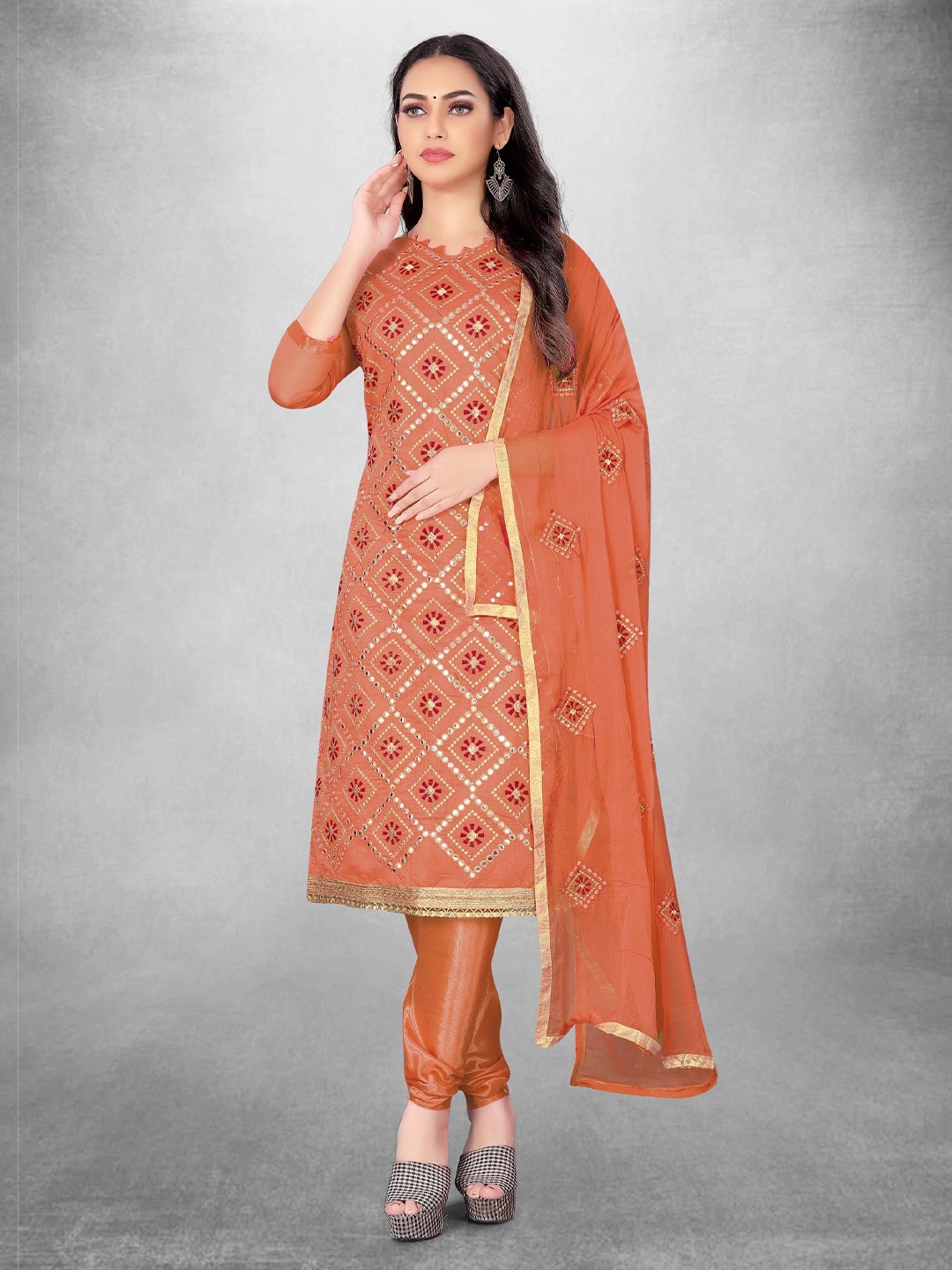 

KALINI Embroidered Mirror Work Unstitched Dress Material, Orange