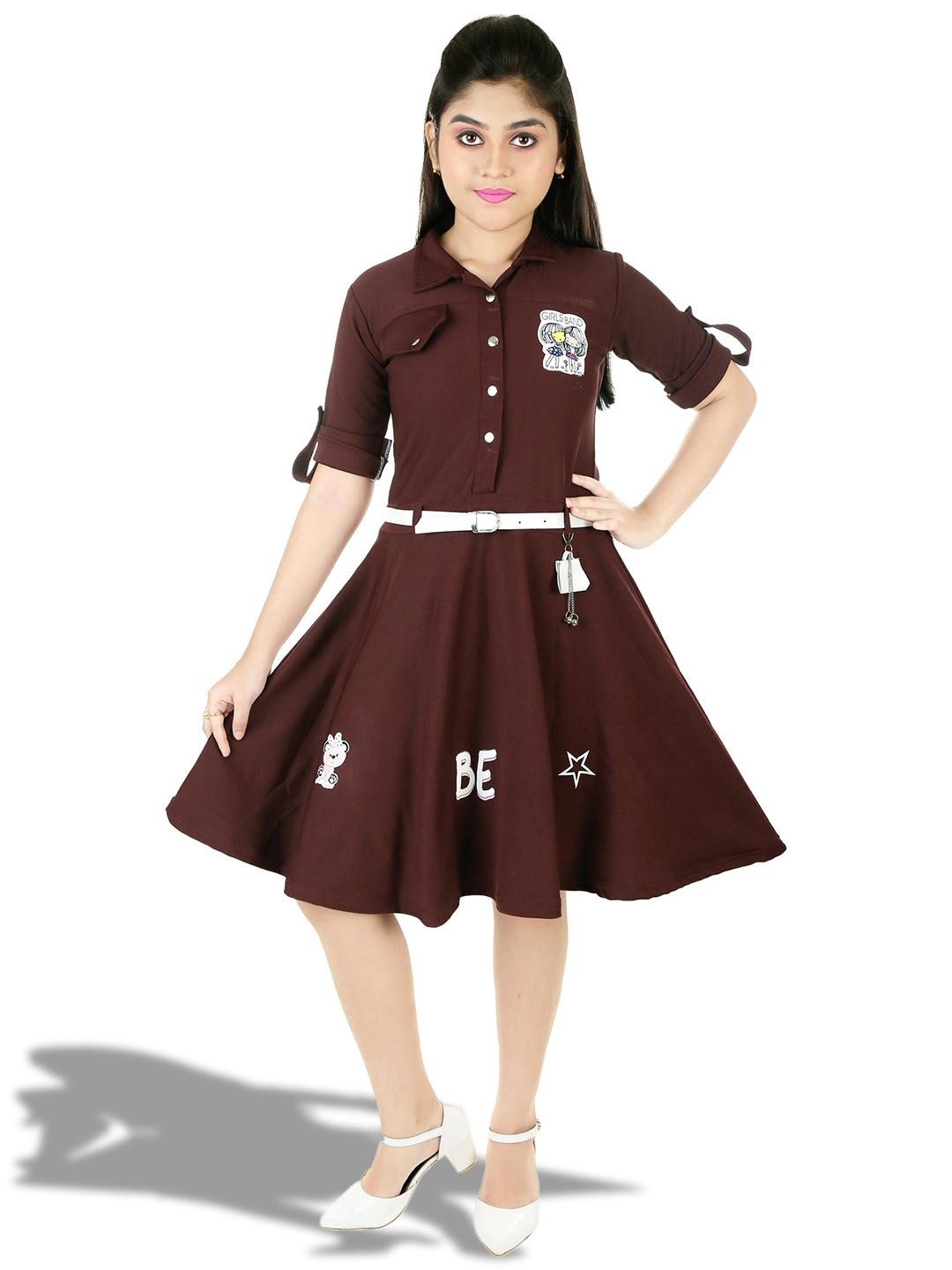 

BAESD Girls Shirt Collar Fit & Flare Dress, Maroon