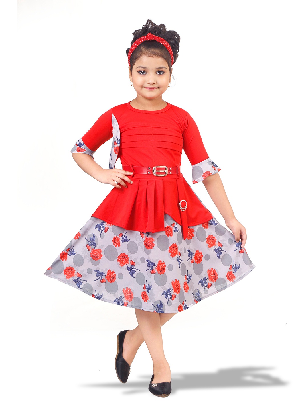 

BAESD Girls Floral Printed Bell Sleeves Layered Fit & Flare Dress, Red