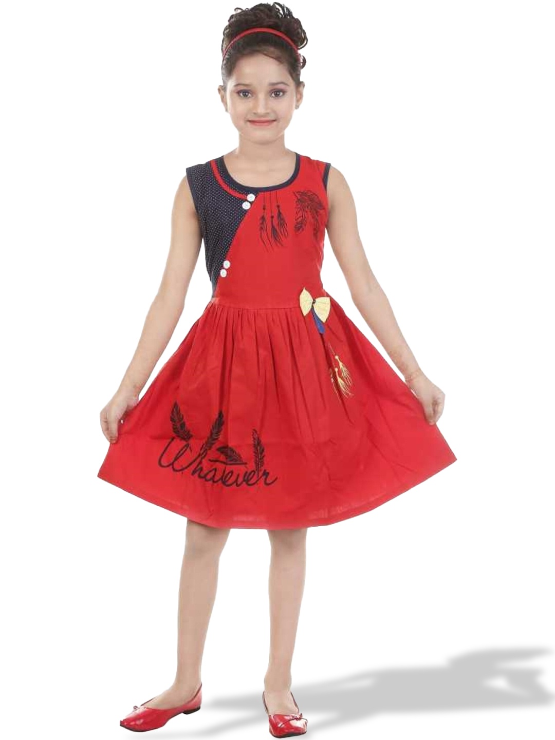 

BAESD Girls Typography Printed Bow Detailed Pure Cotton Fit & Flare Dress, Red