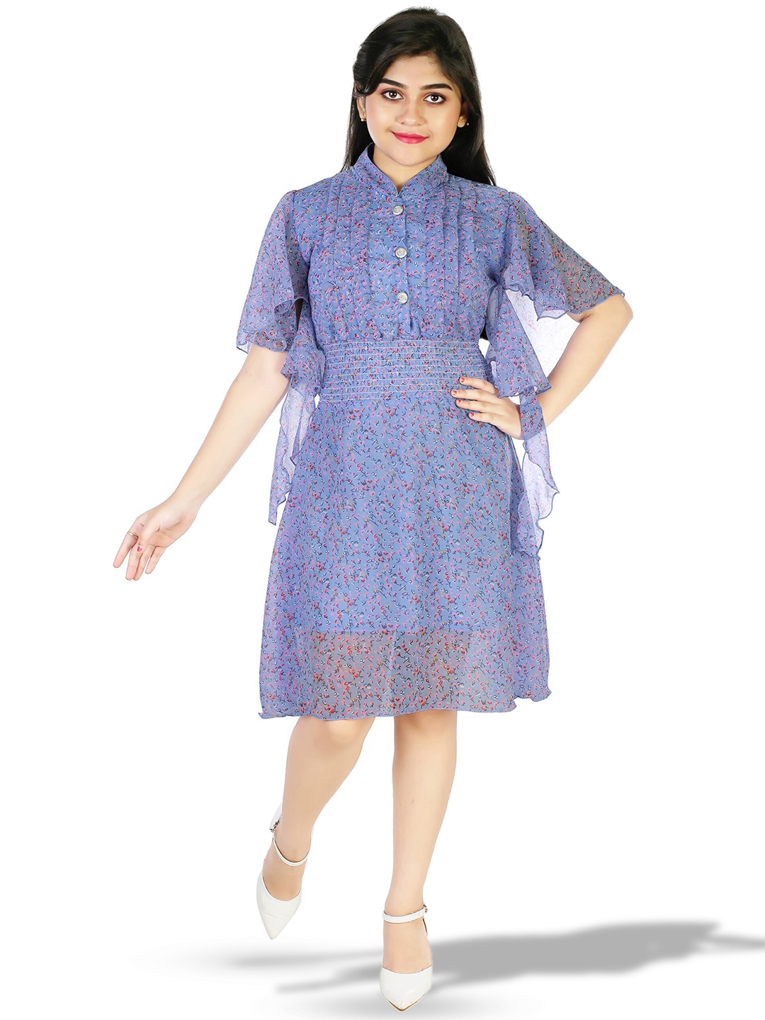 

BAESD Girls Floral Printed Ruffles Kimono Sleeves Smocked Georgette A-Line Dress, Blue