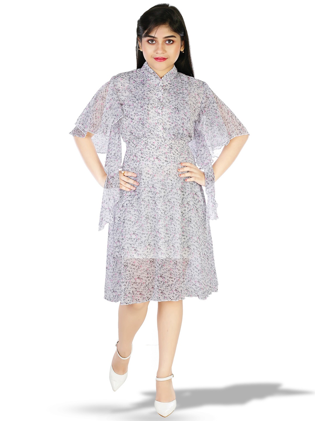 

BAESD Girls Floral Printed Ruffles Kimono Sleeves Smocked Georgette A-Line Dress, Off white