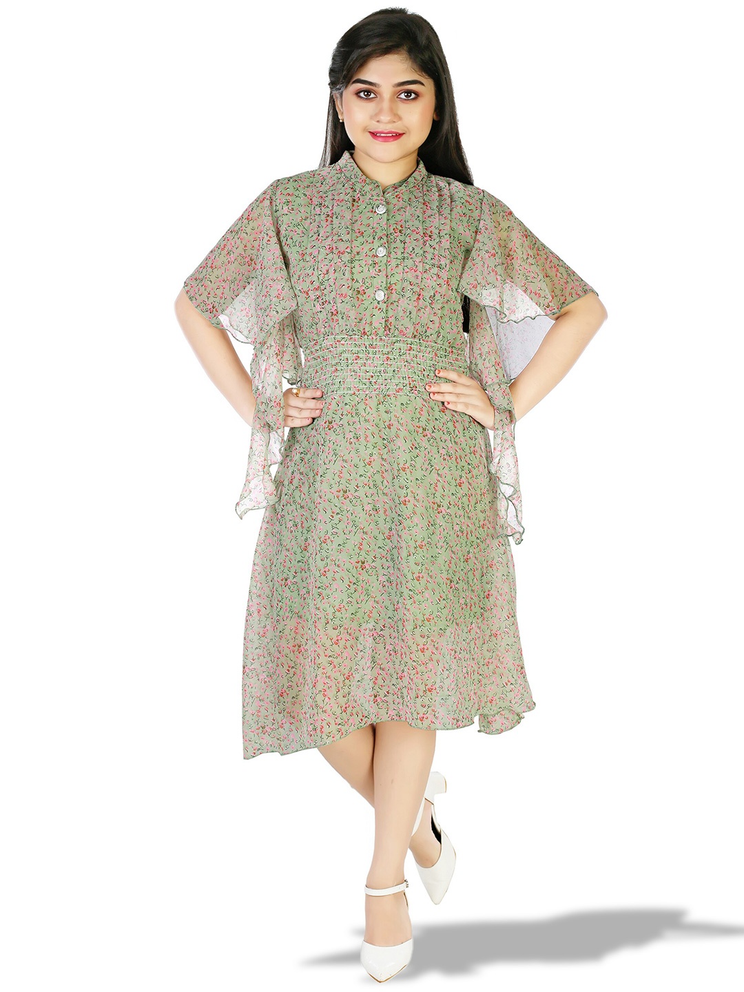 

BAESD Girls Floral Printed Ruffles Kimono Sleeves Smocked Georgette A-Line Dress, Green