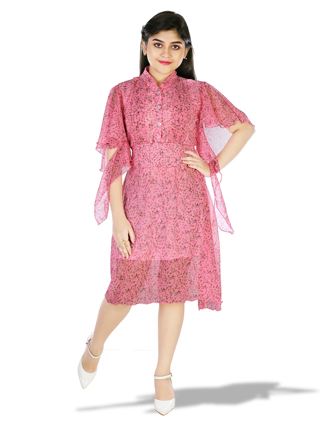 

BAESD Girls Floral Printed Flared Sleeves Smocked Detail A-Line Dress, Pink