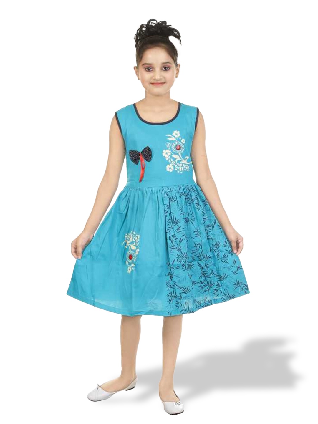 

BAESD Girls Floral Printed Round Neck Pure Cotton Fit & Flare Dress, Blue