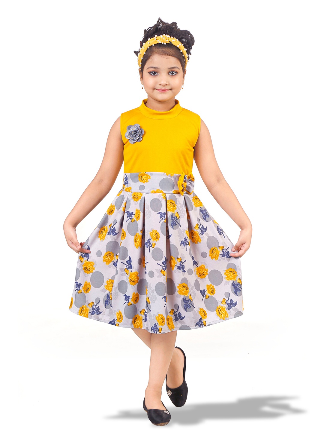 

BAESD Girls Floral Printed Bow Detail Fit & Flare Dress, Mustard