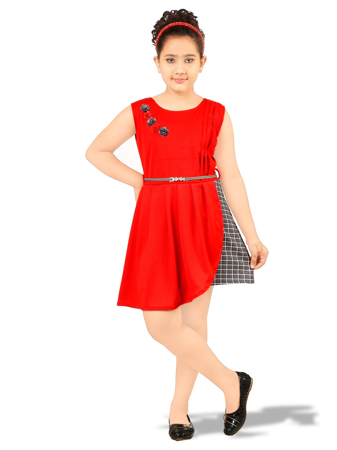 

BAESD Girls Corsage Detail A-Line Dress With Belt, Red