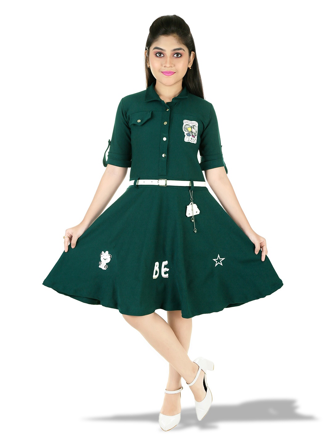 

BAESD Girls Shirt Collar Roll-Up Sleeves Applique Fit & Flare Dress, Green