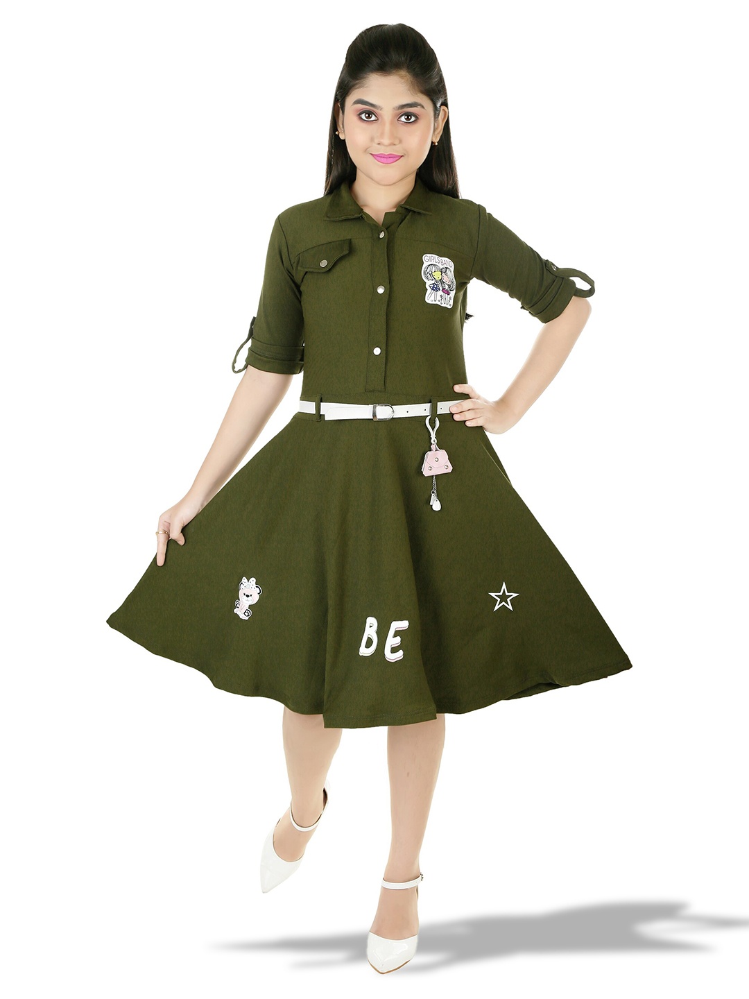 

BAESD Girls Conversational Printed Shirt Collar Roll-Up Sleeves Crepe Shirt Dress, Green