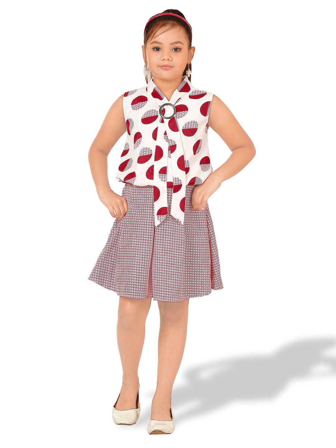 

BAESD Girls Geometric Printed Tie-Up Neck Blouson Dress, Off white