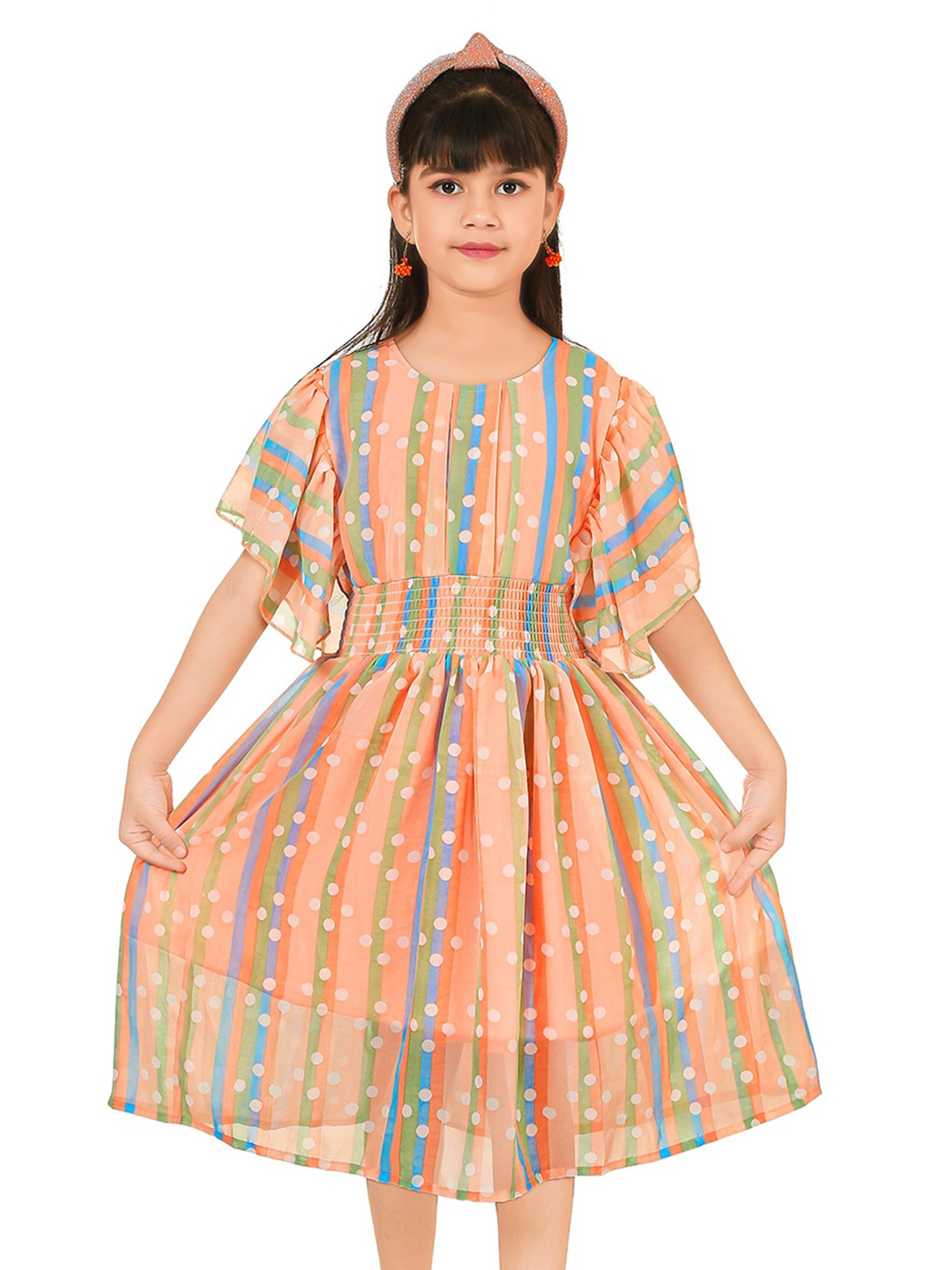 

BAESD Girls Geometric Printed Flared Sleeves Smocked Georgette Fit & Flare Midi Dress, Orange