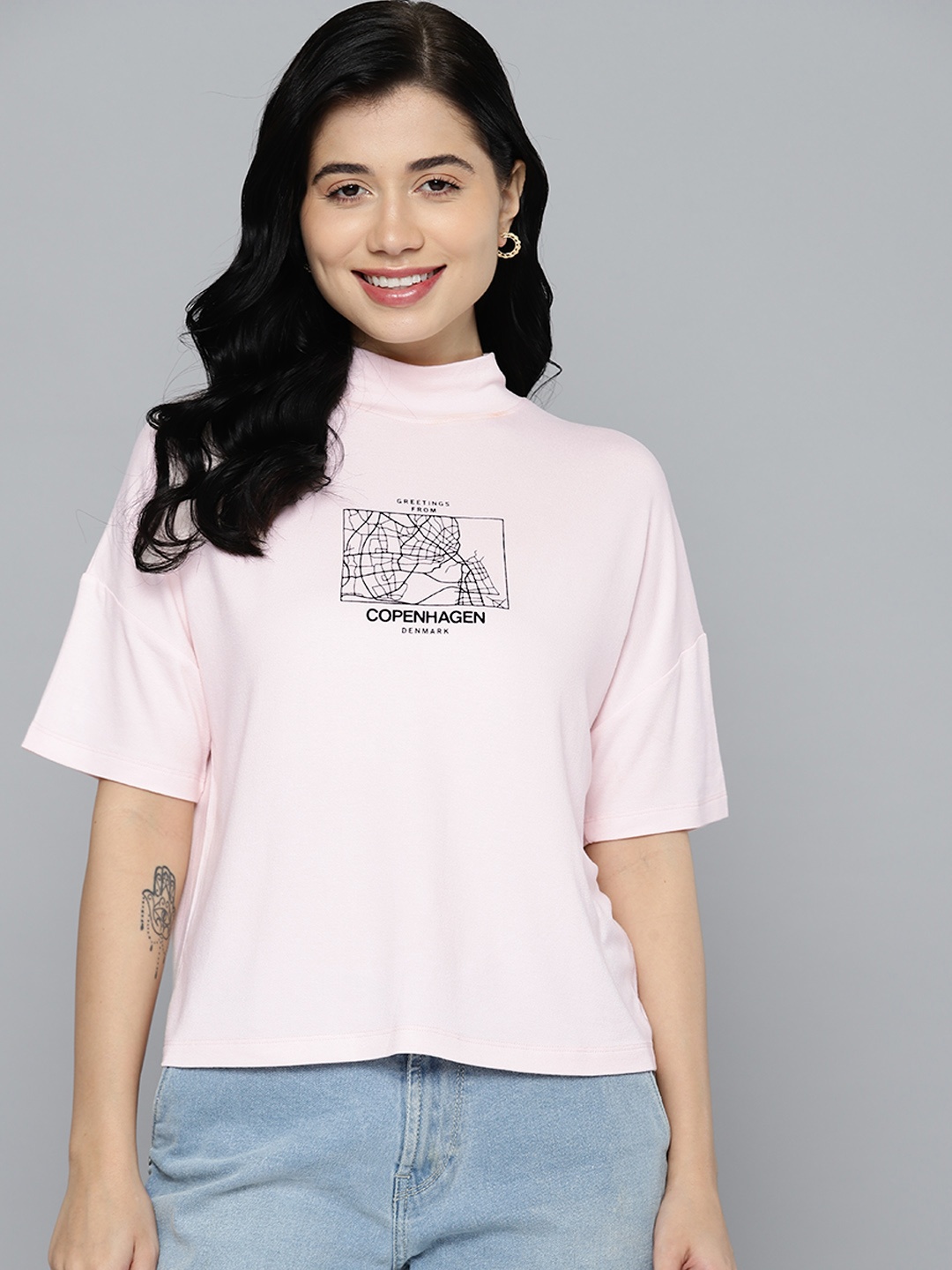 

Mast & Harbour Graphic Printed High Neck Drop-Shoulder Sleeves T-shirt, Pink