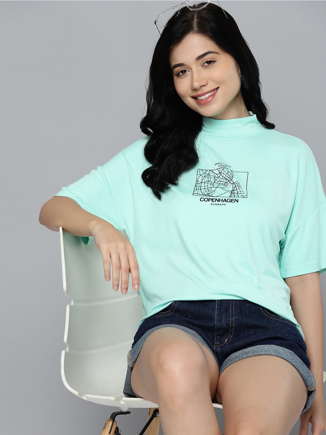 

Mast & Harbour Graphic Printed High Neck Drop-Shoulder Sleeves T-shirt, Sea green