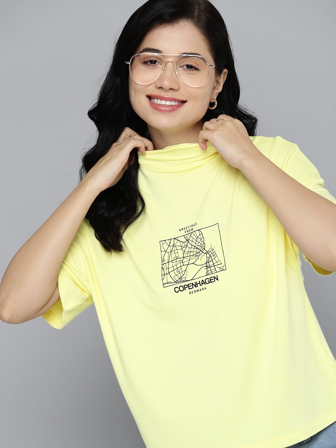 

Mast & Harbour Graphic Printed High Neck Drop-Shoulder Sleeves T-shirt, Yellow