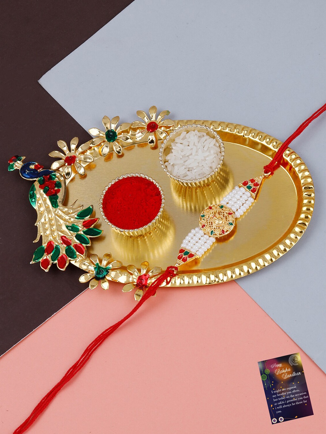 

Silver Shine Unisex Kundan-Studded Beaded Rakhi With Roli Rice & Greetin, Gold