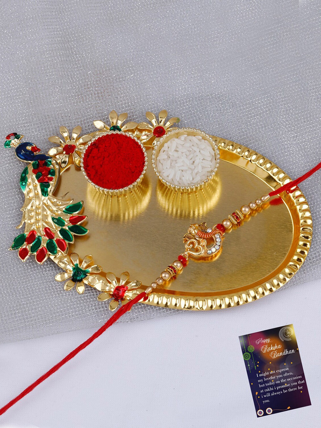 

Silver Shine Unisex Kundan-Studded & Beaded Om Rakhi With Roli Chawal & Greeting Card, Red