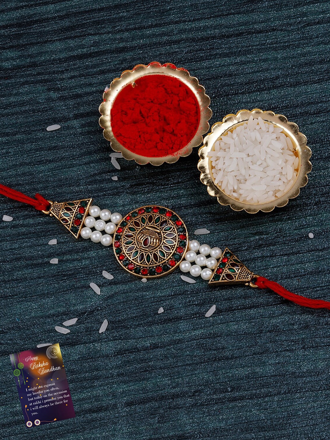 

Silver Shine Unisex Kundan-Studded & Beaded Rakhi With Roli Chawal & Greeting Card, Gold