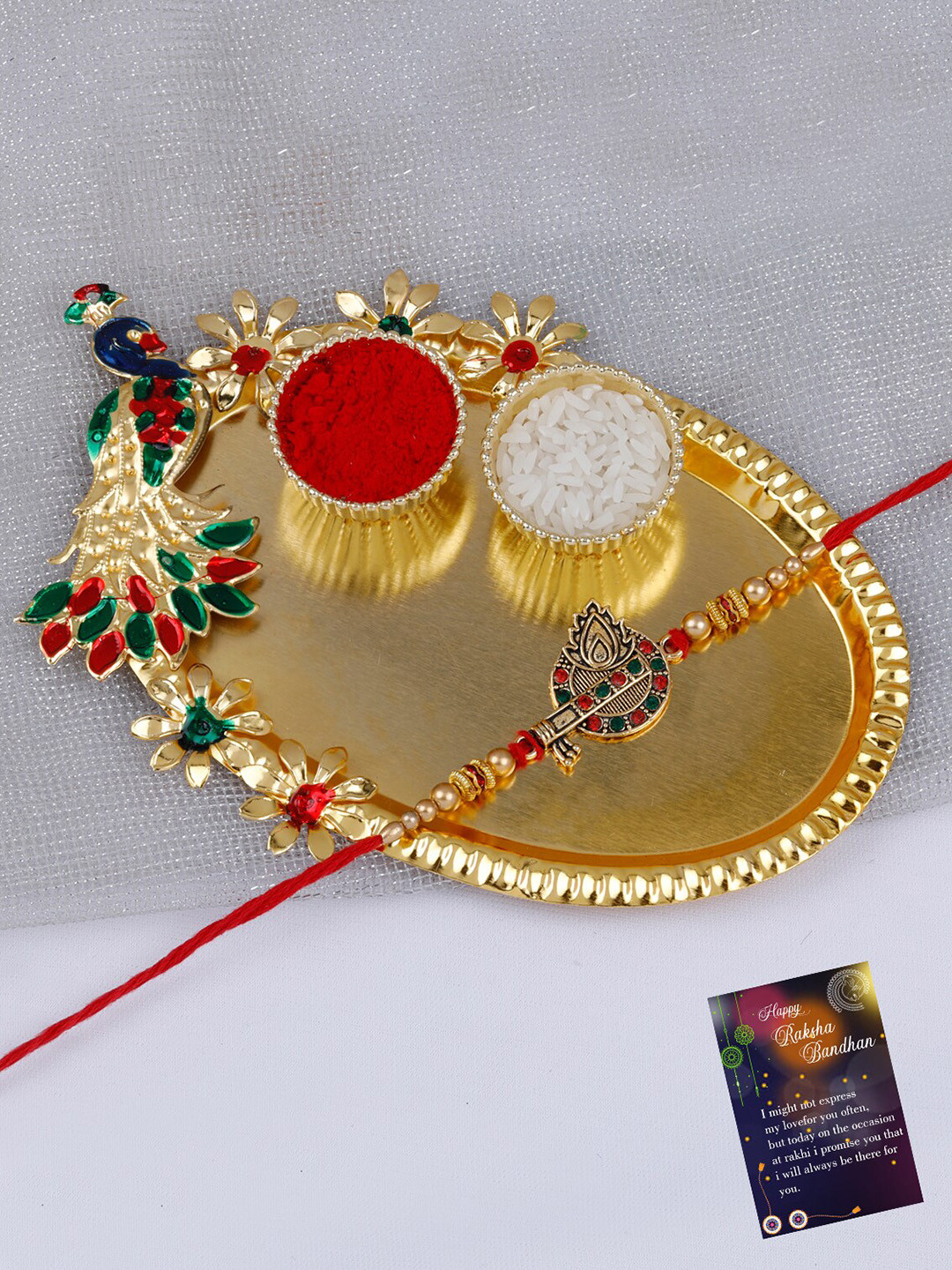 

Silver Shine Unisex Thread Rakhi With Roli Chawal & Greeting Card, Gold