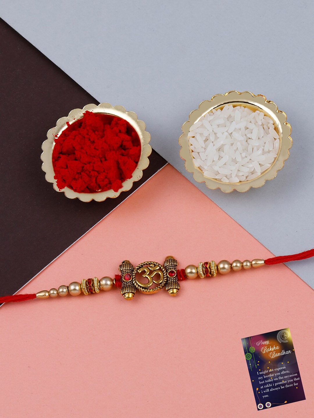 

Silver Shine Unisex Round Om Thread Rakhi With Roli & Chawal & Greeting Card, Gold