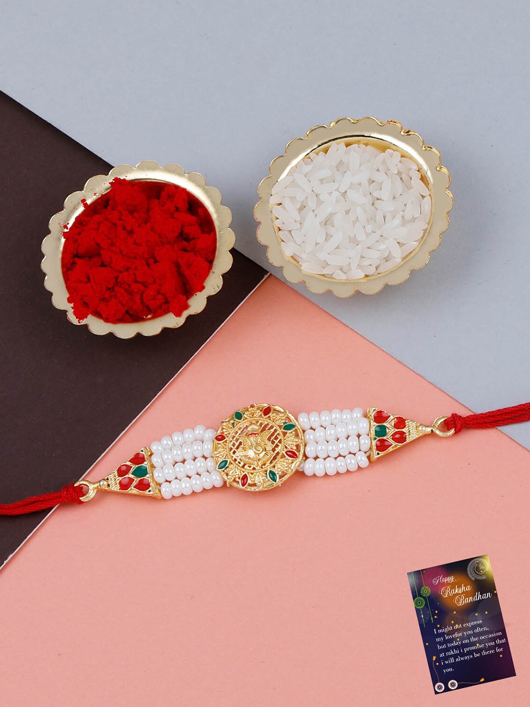 

Silver Shine Ganesh Charm Detail Rakhi With Roli Chawal & 1 Greeting Card, Gold