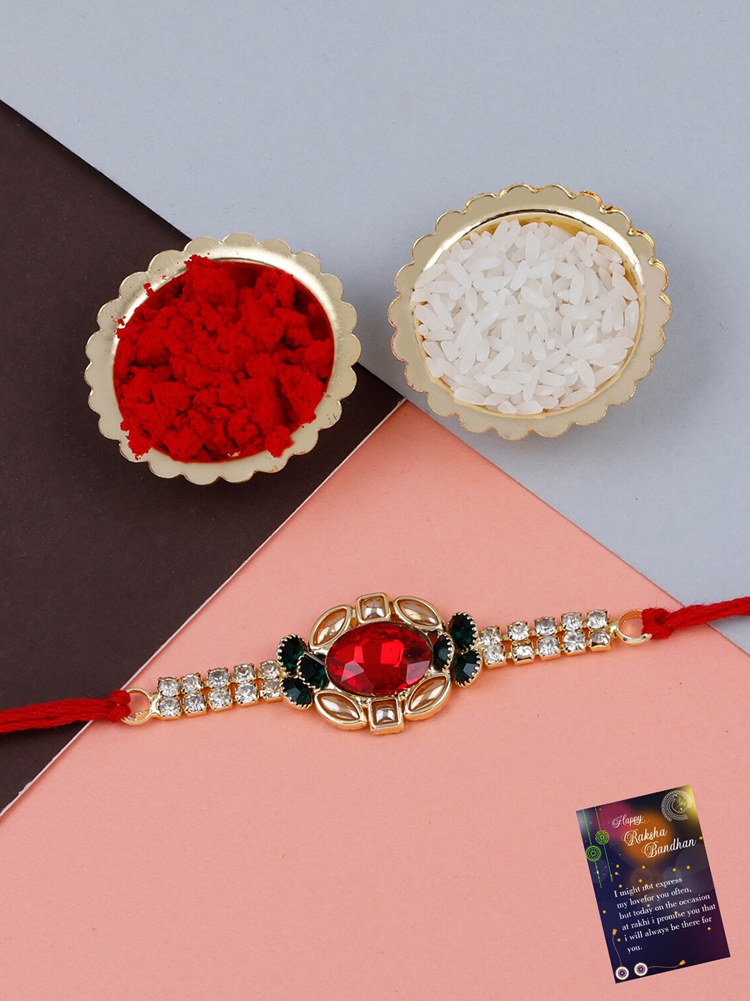 

Silver Shine Stone-Studded Thread Rakhi With Roli Chawal, Gold