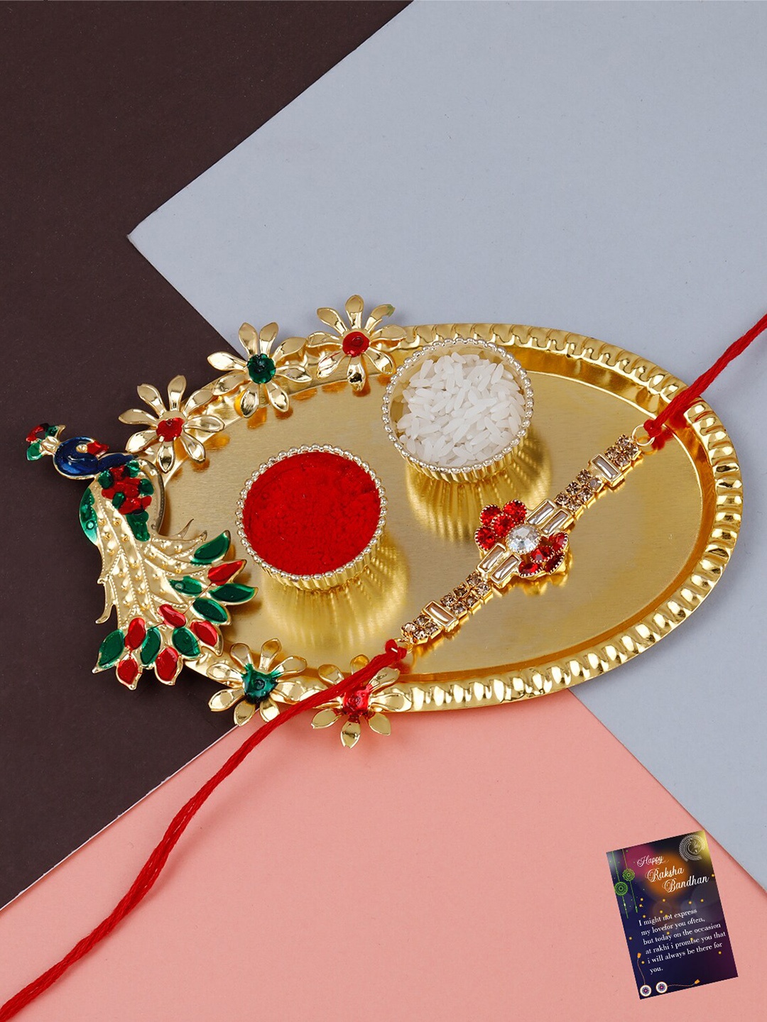 

Silver Shine Kundan-Studded Rakhi With Roli Chawal, Greeting Card & Pooja Thali, Gold