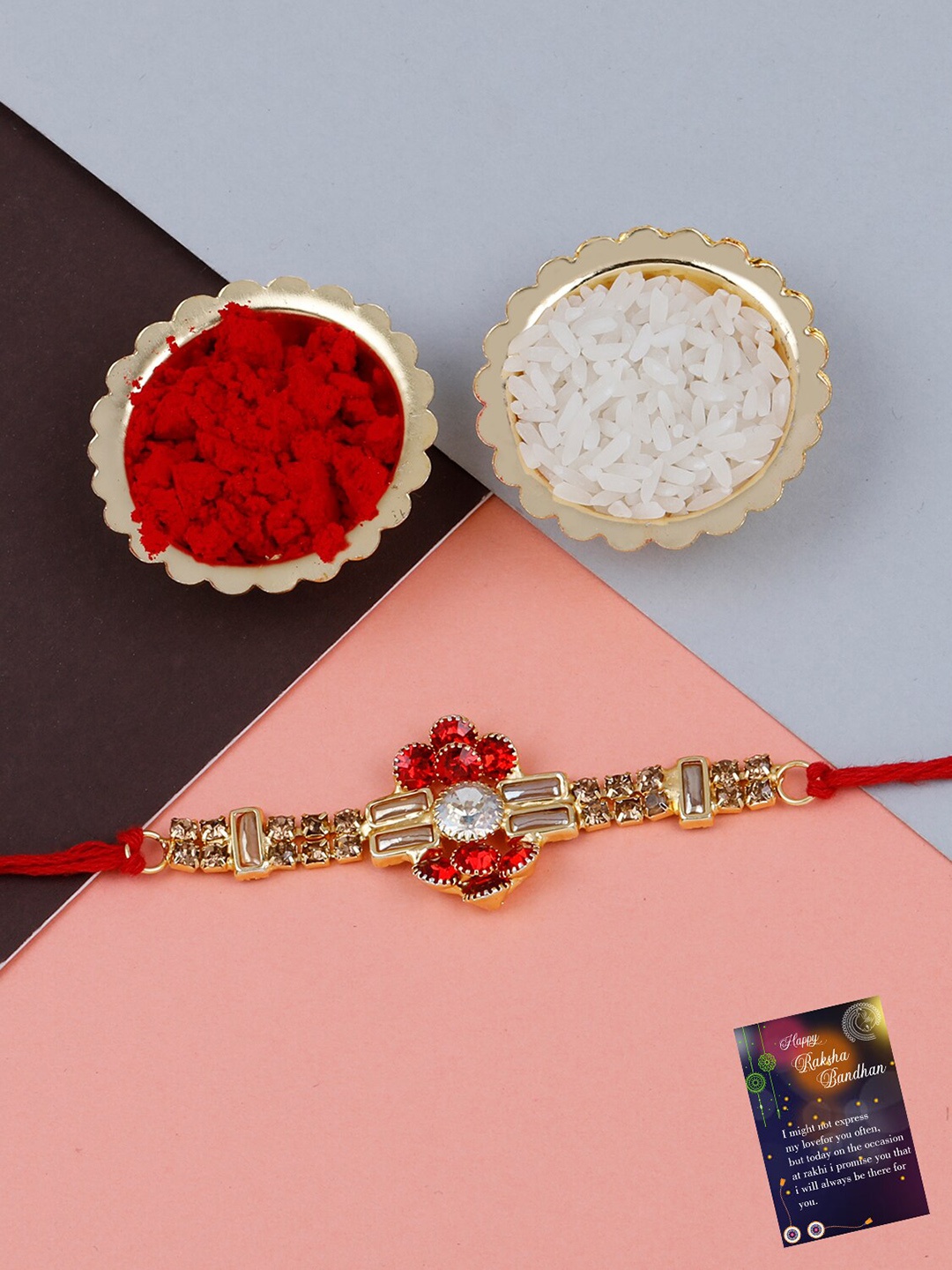 

Silver Shine Stone-Studded Rakhi With Roli Chawal & Greeting Card, Gold