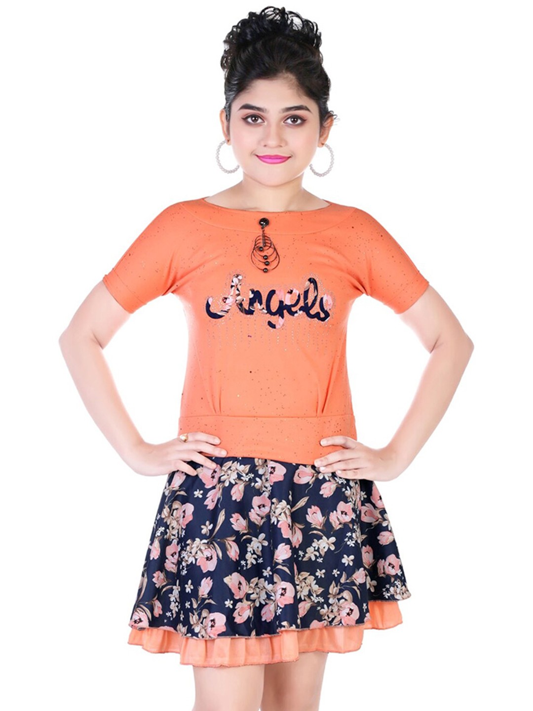 

BAESD Girls Printed Top with Skirt, Orange