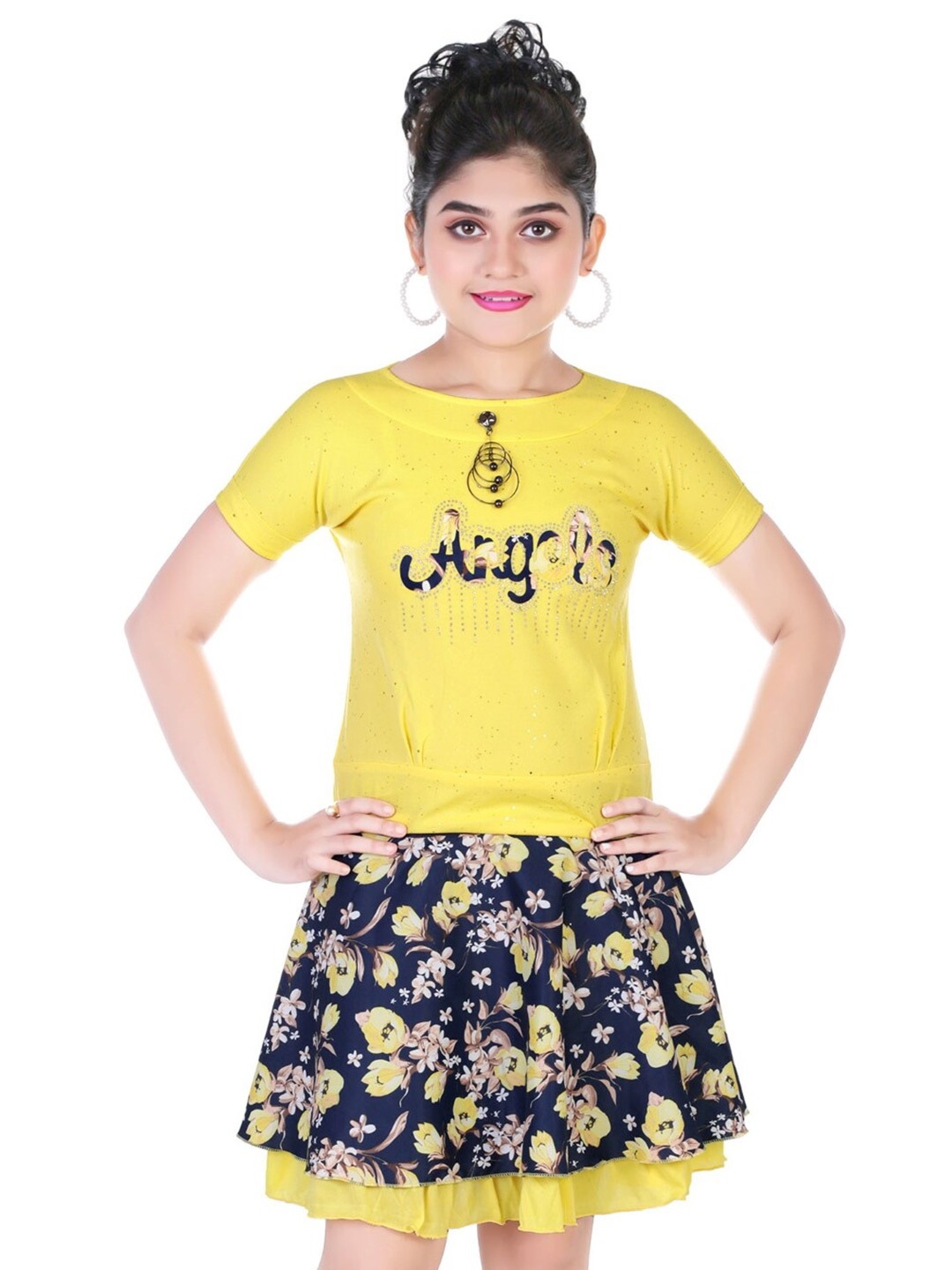 

BAESD Embellished Top with Printed Skirt, Yellow