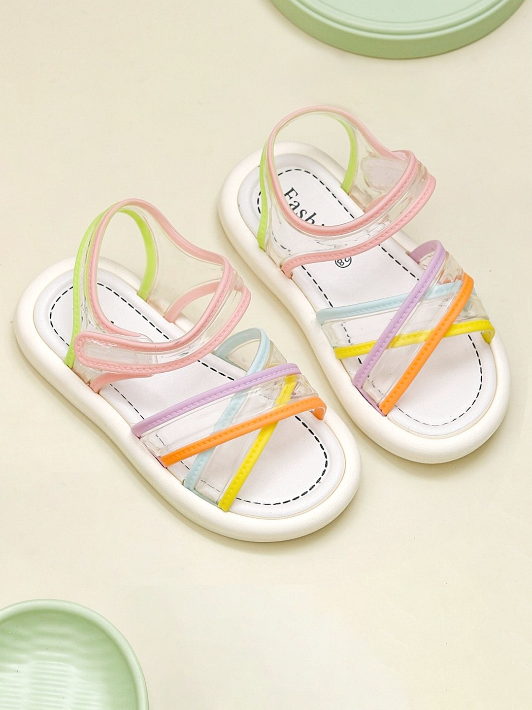 

Yellow Bee Girls Cross Strap Open Toe Flats With Velcro Closure, White
