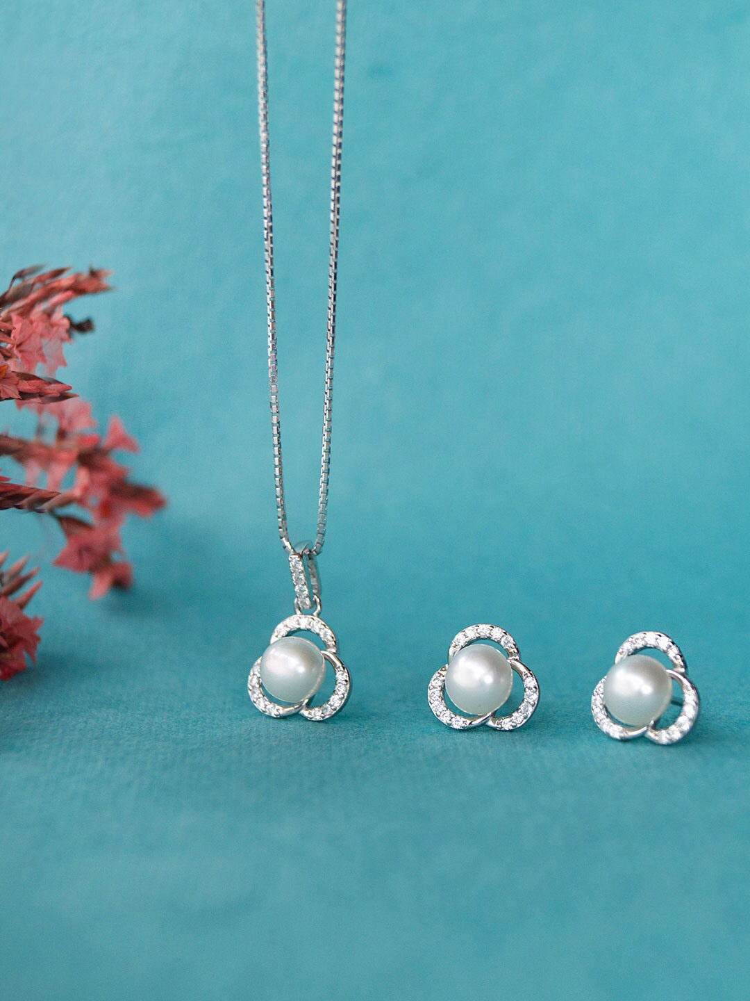 

MANNASH 925 Sterling Silver Rhodium-Plated CZ-Studded & Pearls-Beaded Jewellery Set