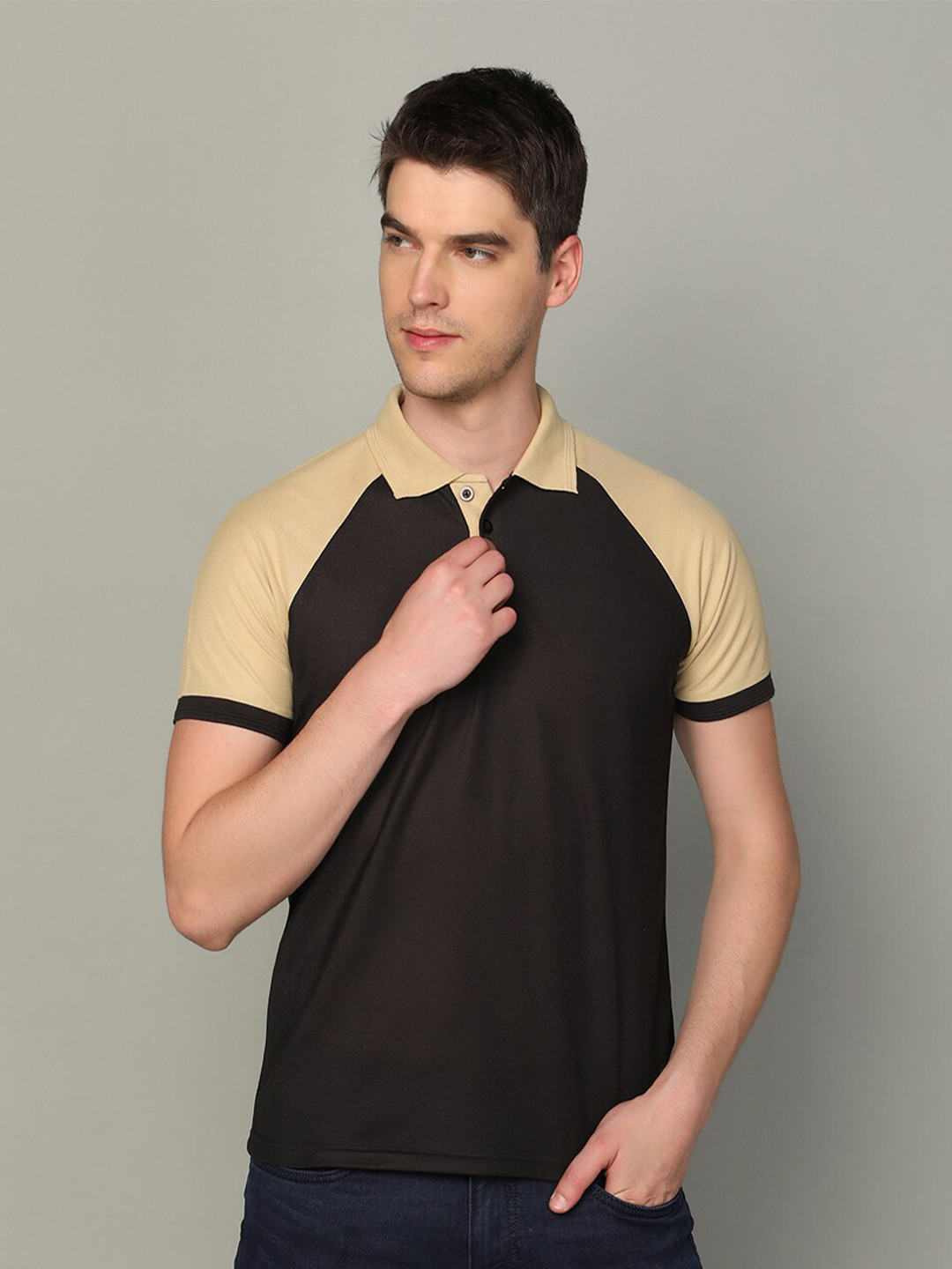 

INKKR Colourblocked Polo Collar Raglan Sleeves Cotton T-shirt, Black