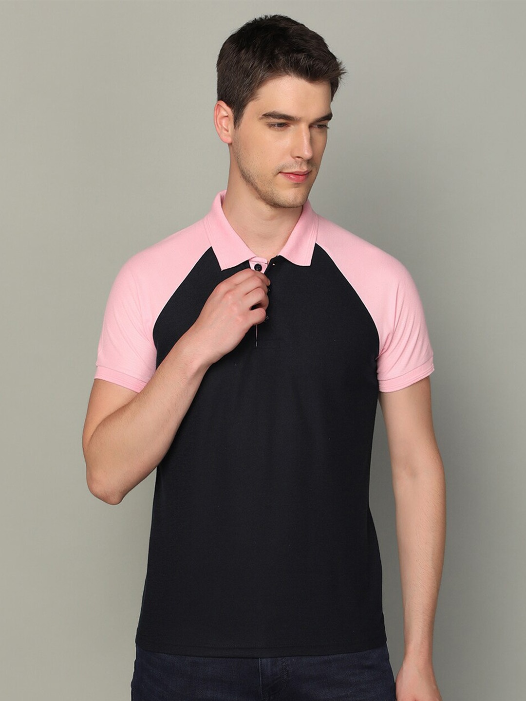 

INKKR Colourblocked Polo Collar Raglan Sleeves Cotton T-shirt, Black