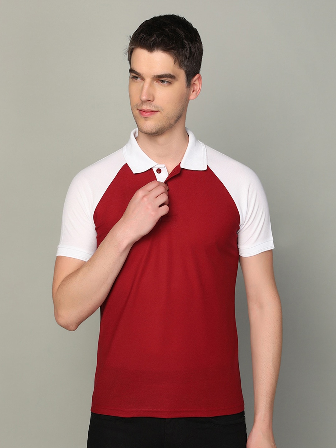

INKKR Colourblocked Polo Collar Raglan Sleeves Cotton T-shirt, Red