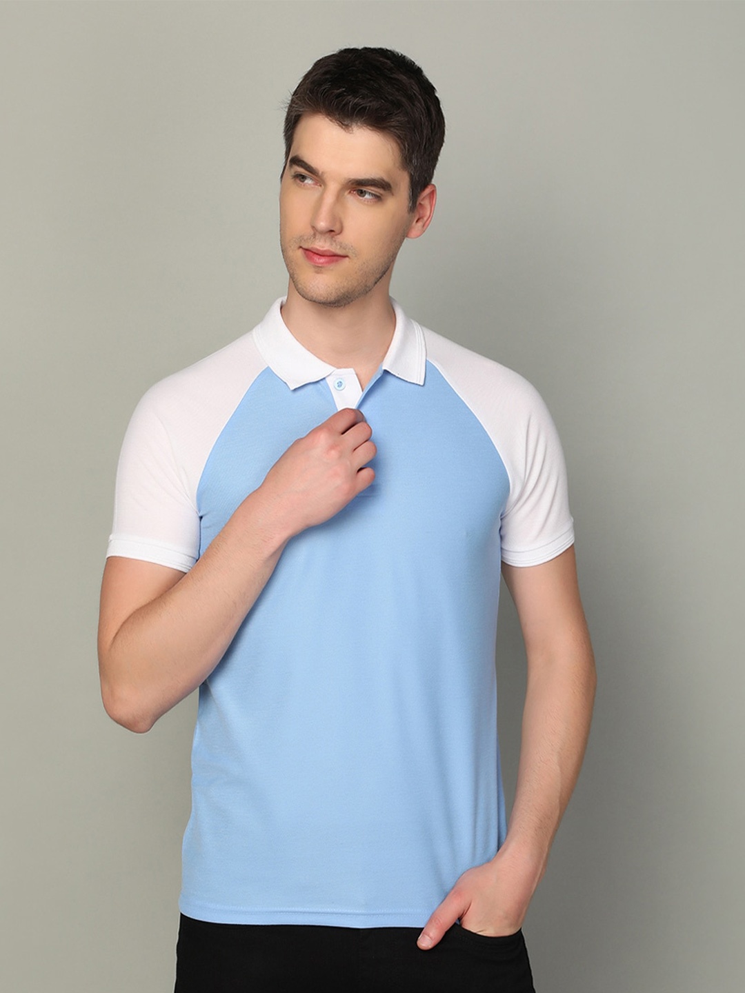 

INKKR Colourblocked Polo Collar Raglan Sleeves Cotton T-shirt, Blue