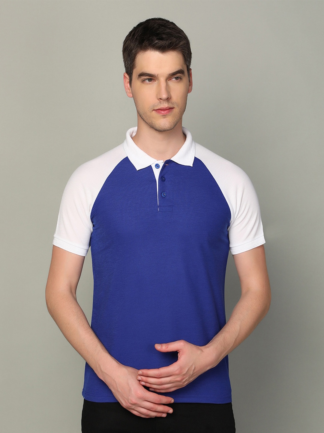 

INKKR Colourblocked Polo Collar Raglan Sleeves Cotton T-shirt, Blue