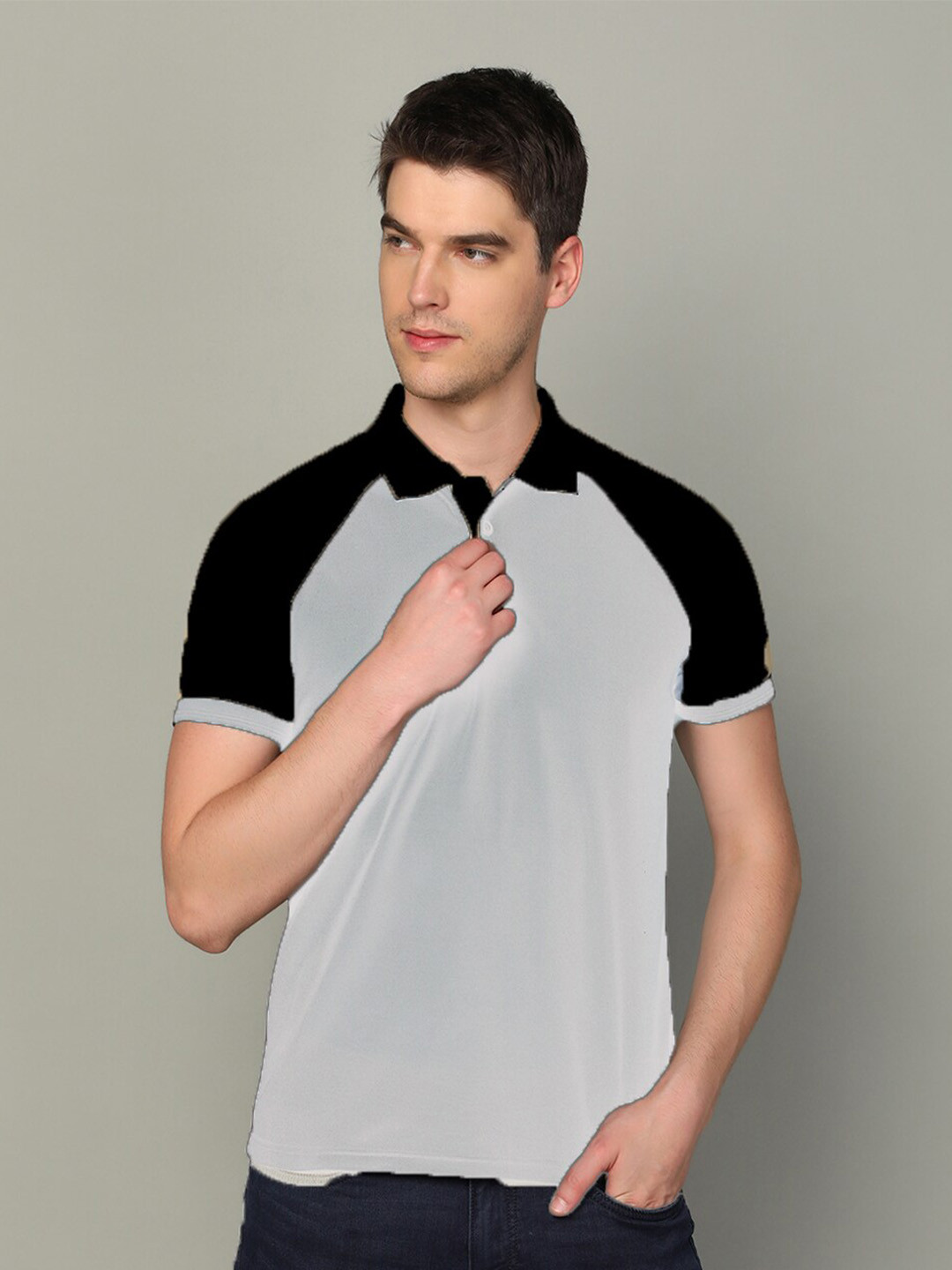 

INKKR Polo Collar Raglan Sleeves Cotton T-Shirt, Grey