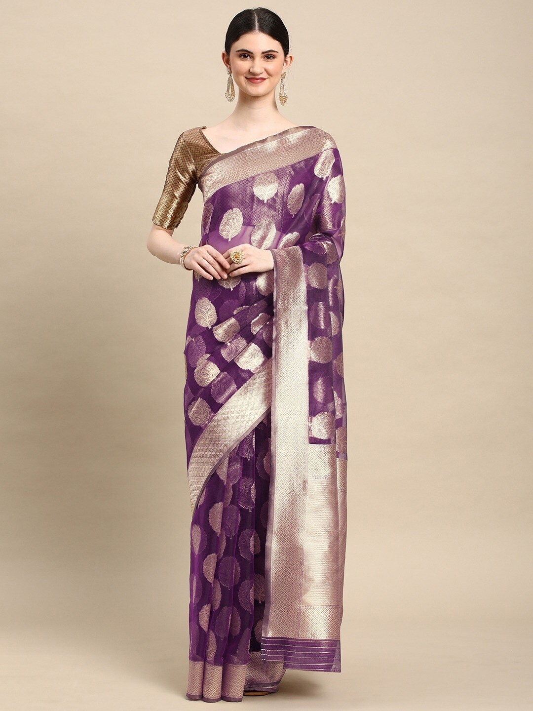

all about you Ethnic Motic Zari Organza Banarasi Saree With Blouse Piece, Purple