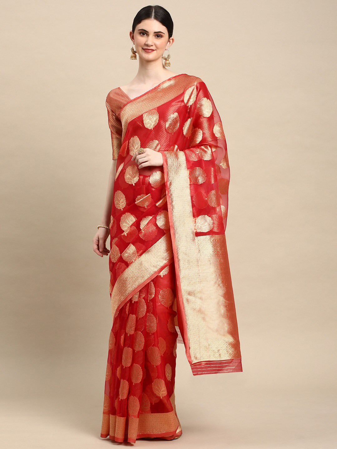

all about you Ethnic Motif Zari Organza Banarasi Saree With Blouse Piece, Red